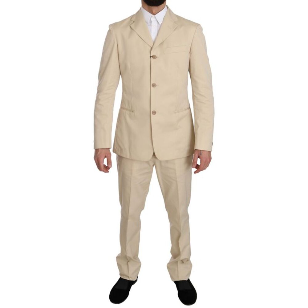 Romeo Gigli Two Piece 3 Button Beige Cotton Solid Men's Suit